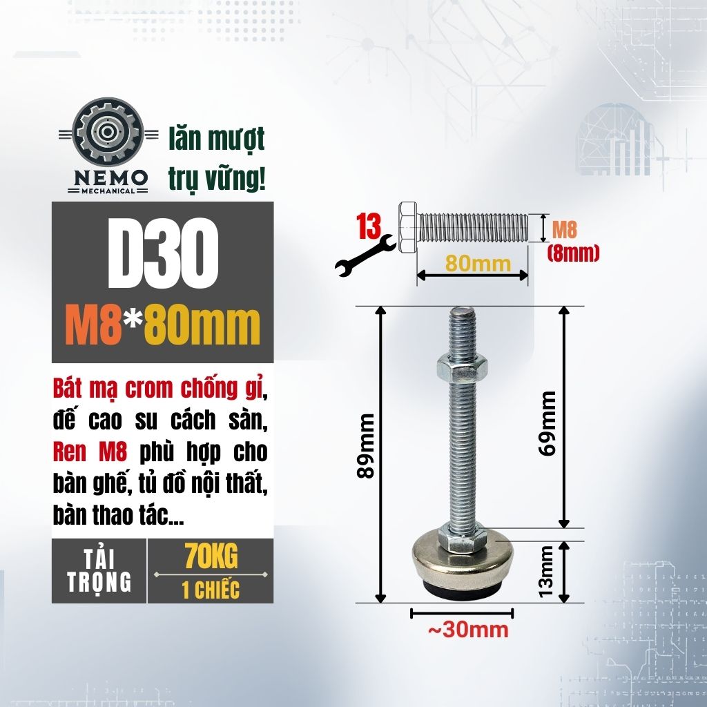 Chân Tăng Chỉnh Bát Thép Mạ Crom – Thẩm Mỹ Cao, Chống Rỉ Sét & Cân Bằng Thiết Bị (M8, M10, M12)